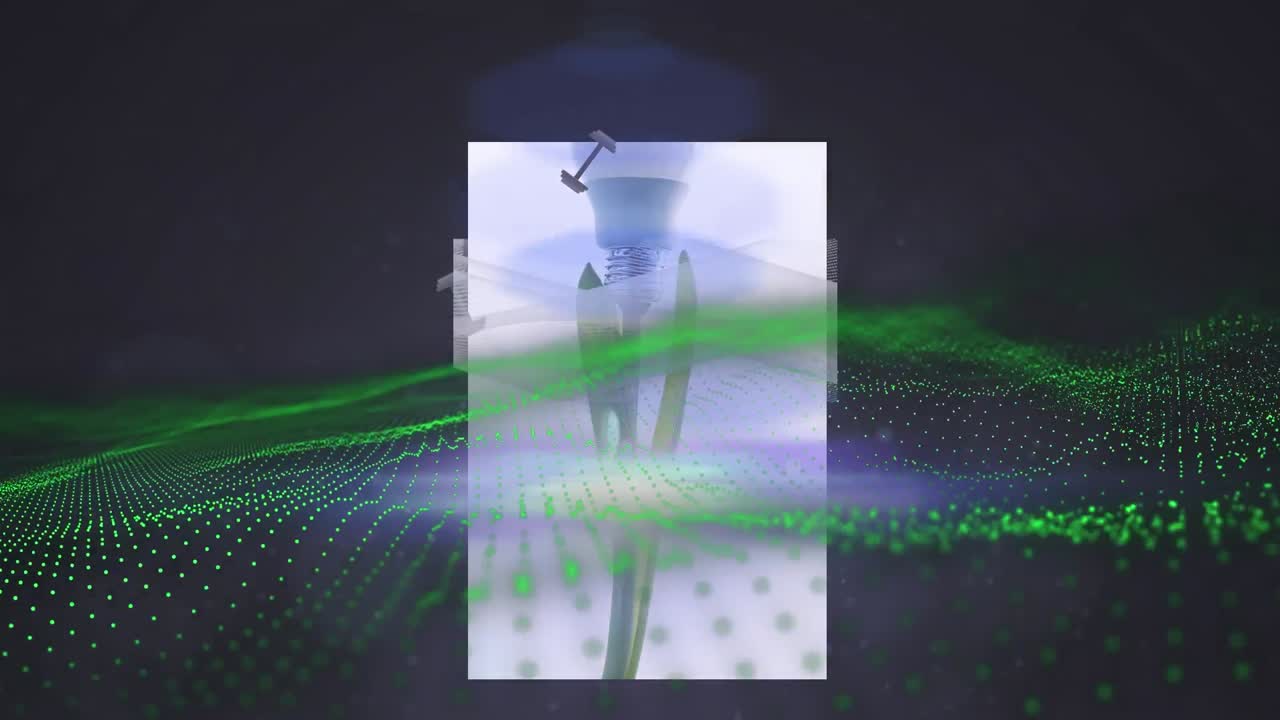 animación de la planta y la bombilla en caja blanca y puntos que forman un patrón de onda sobre fondo negro