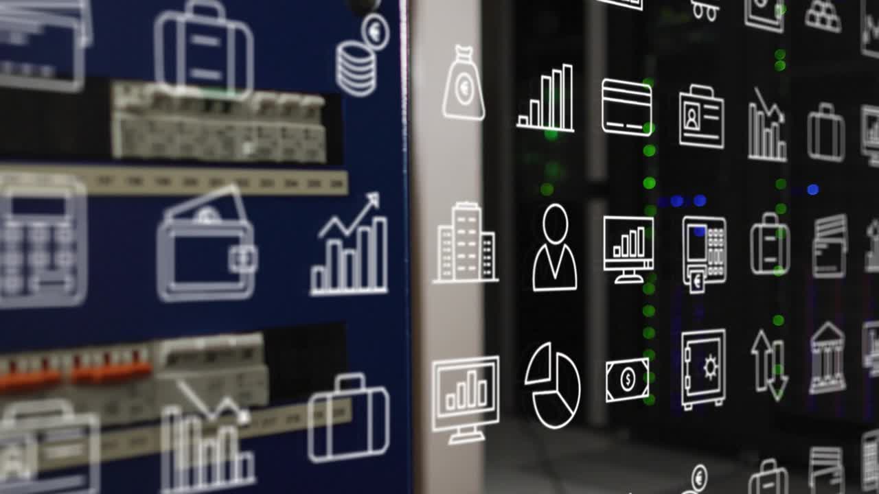 Opening server room showing grid of line fintech icons sliding and fading visualizing data flow