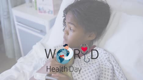 Animación-Del-Texto-Y-El-Logotipo-Del-Día-Mundial-De-La-Salud-Sobre-Una-Niña-Afroamericana-Con-Un-Juguete-Suave-En-Una-Cama-De-Hospital