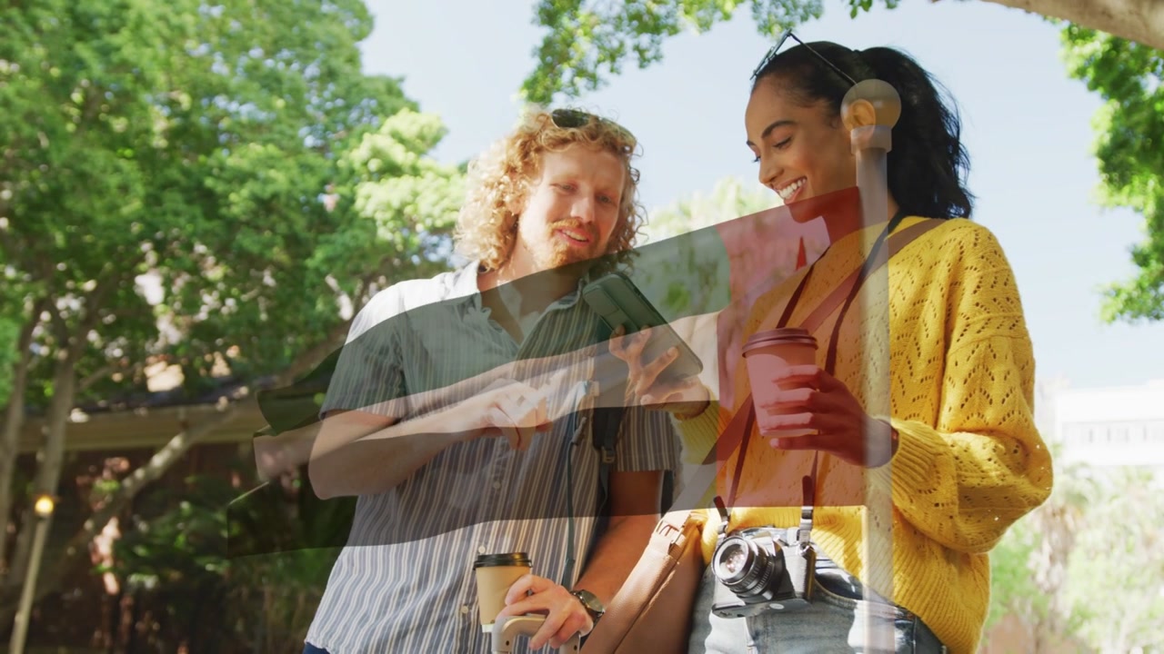 Man tapping phone, woman viewing screen while walking under trees, overlay showing travel pictures