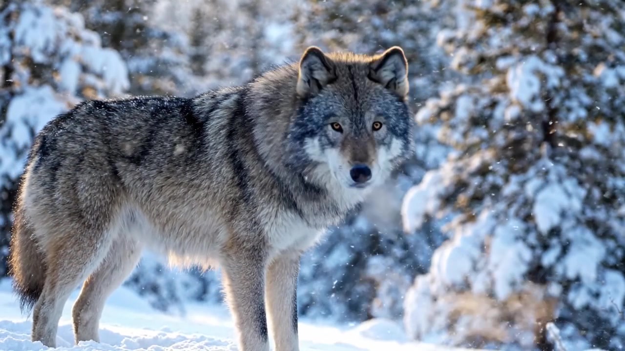 Majestic Wolf in Winter Wonderland: Observing Its Surroundings Amidst a Snow-Covered Landscape with Frosty Breath Highlighting the Chill of the Season