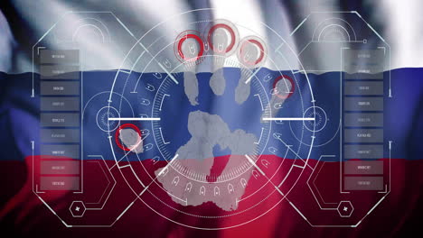 fingerprint scanning animation over russian flag with digital interface elements