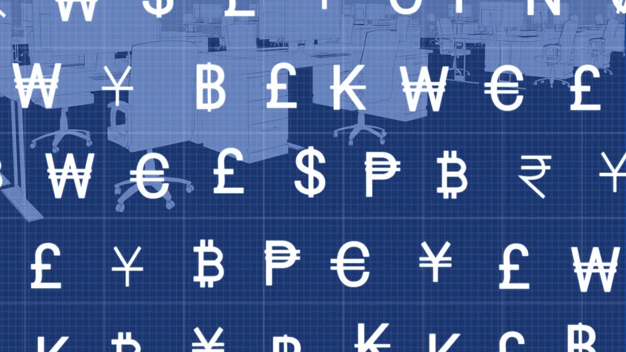 빈 사무실에 대한 그리드 네트워크를 통해 여러 통화 기호의 애니메이션