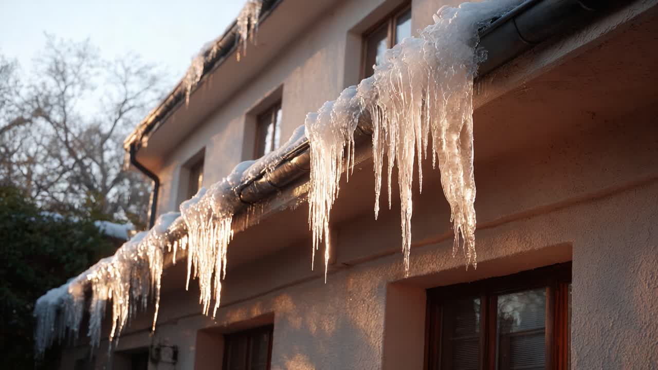 Ethereal Icicles Hang from a Roof in Radiant Morning Light, Capturing the Beauty of Winter's Chill in a Serene Residential Setting
