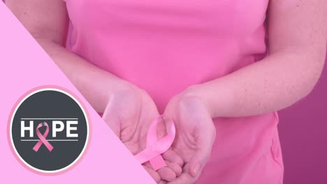 animation of breast cancer awareness text over caucasian woman