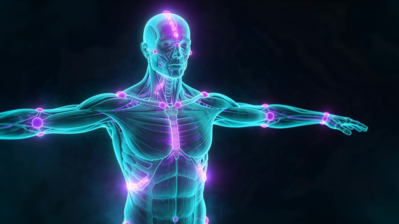 Starting playback causing anatomy model turning to reveal ribs in dark void pulsing magenta nodes