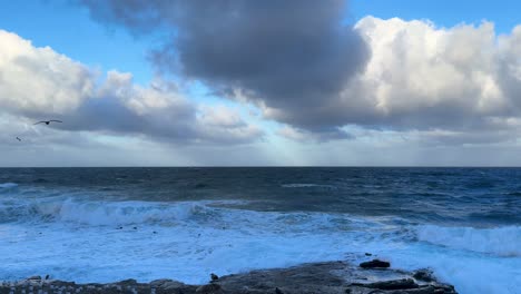 Springflut-In-La-Jolla-Cove-Skyline-Blick-über-Wellen,-Die-Auf-Klippen-Brechen-Und-Pelikane,-Die-Vorbeifliegen