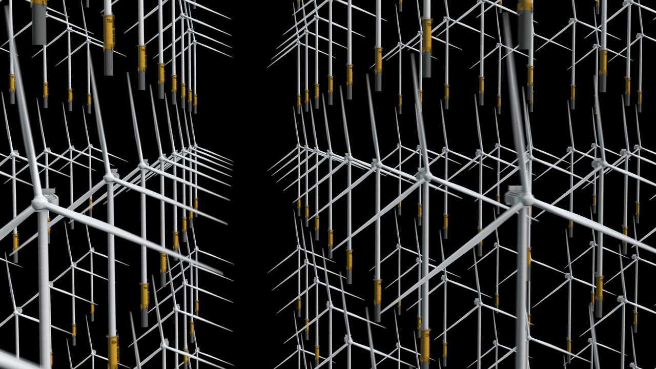 Hundreds of 3D Rendered Wind Turbines Spinning on Black Background. Abstract Renewable Energy Wind Farm Concept Visualisation. Sustainable development, clean power infrastructure animation.