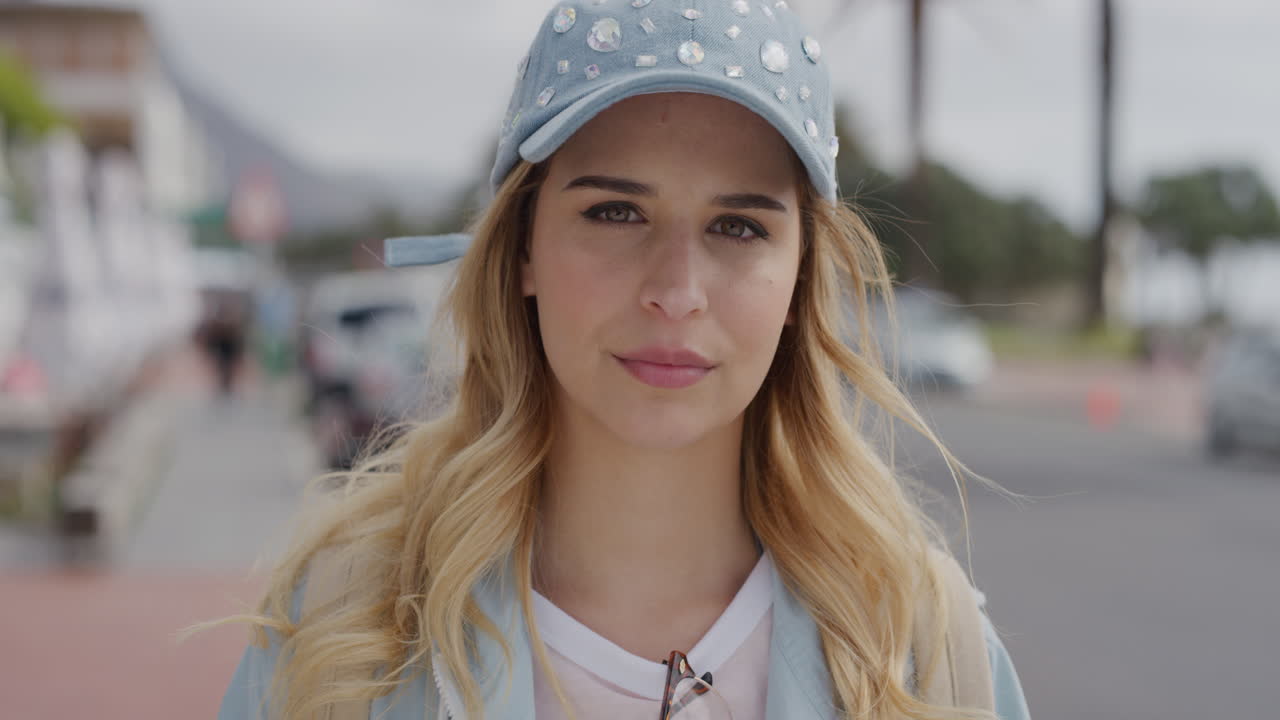 close up portrait of young blonde woman looking serious at camera beautiful caucasian female on sunny urban waterfront vacation