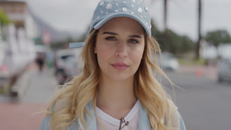 close up portrait of young blonde woman looking serious at camera beautiful caucasian female on sunny urban waterfront vacation