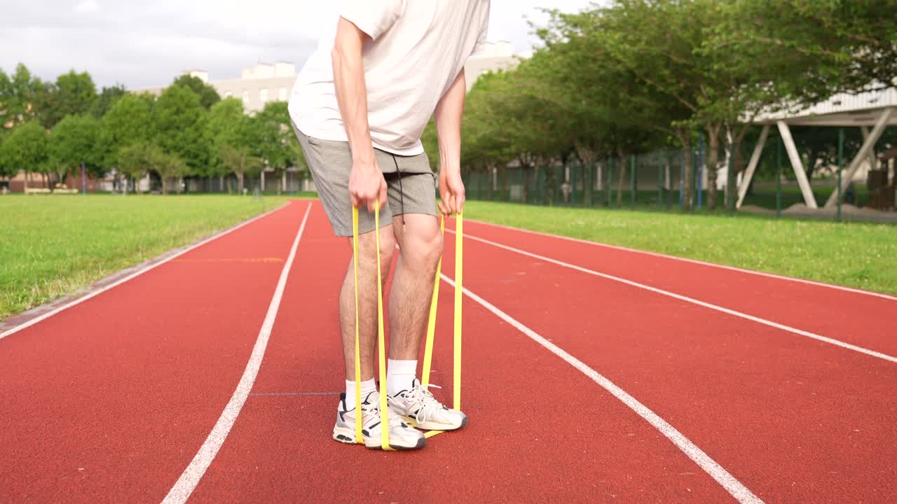 Man exercising with a resistance band on a track and field
