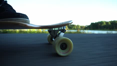 close side view to a wheels of the skateboard while riding through the park