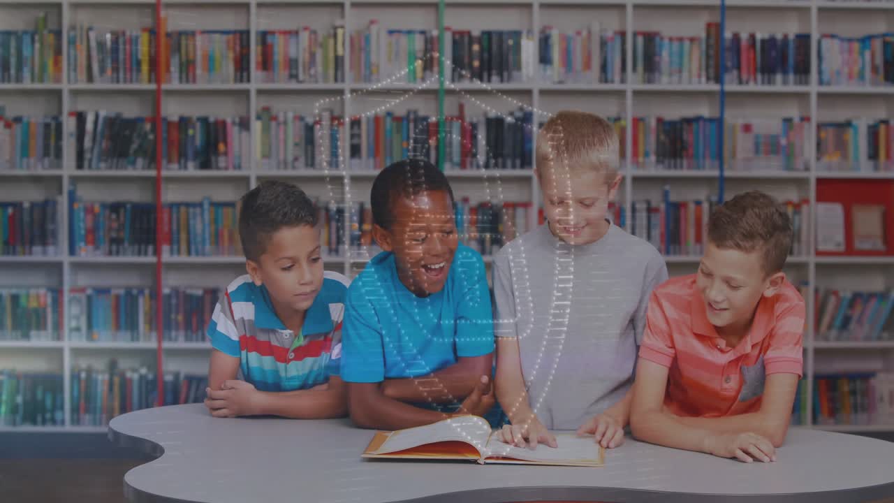 Un ragazzo con la maglietta grigia traccia una linea e attiva una sovrapposizione scheletrica in biblioteca per attirare l'attenzione degli amici.