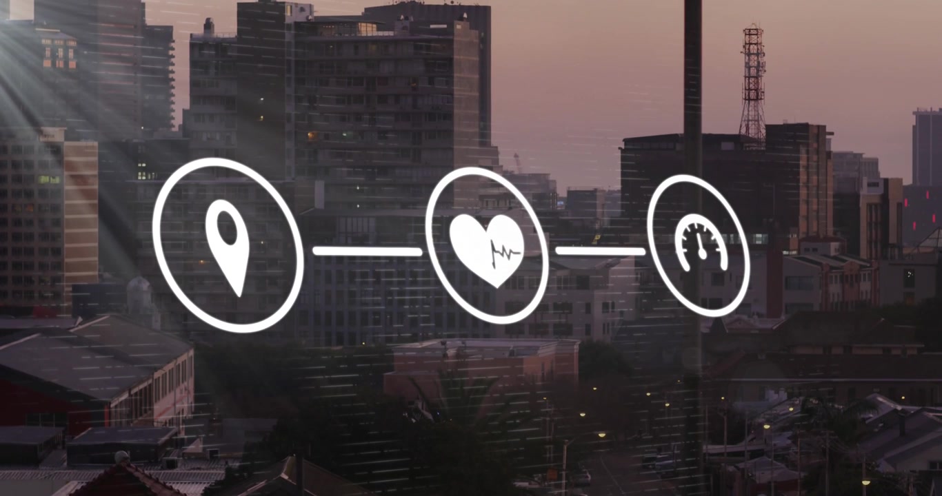 Animation of speedometer, gps, heart pulse icons forming flowchart over buildings in city at sunset