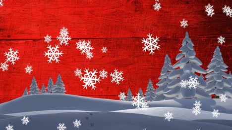 Animation-of-snowflakes-falling-over-winter-landscape-against-red-wooden-textured-background