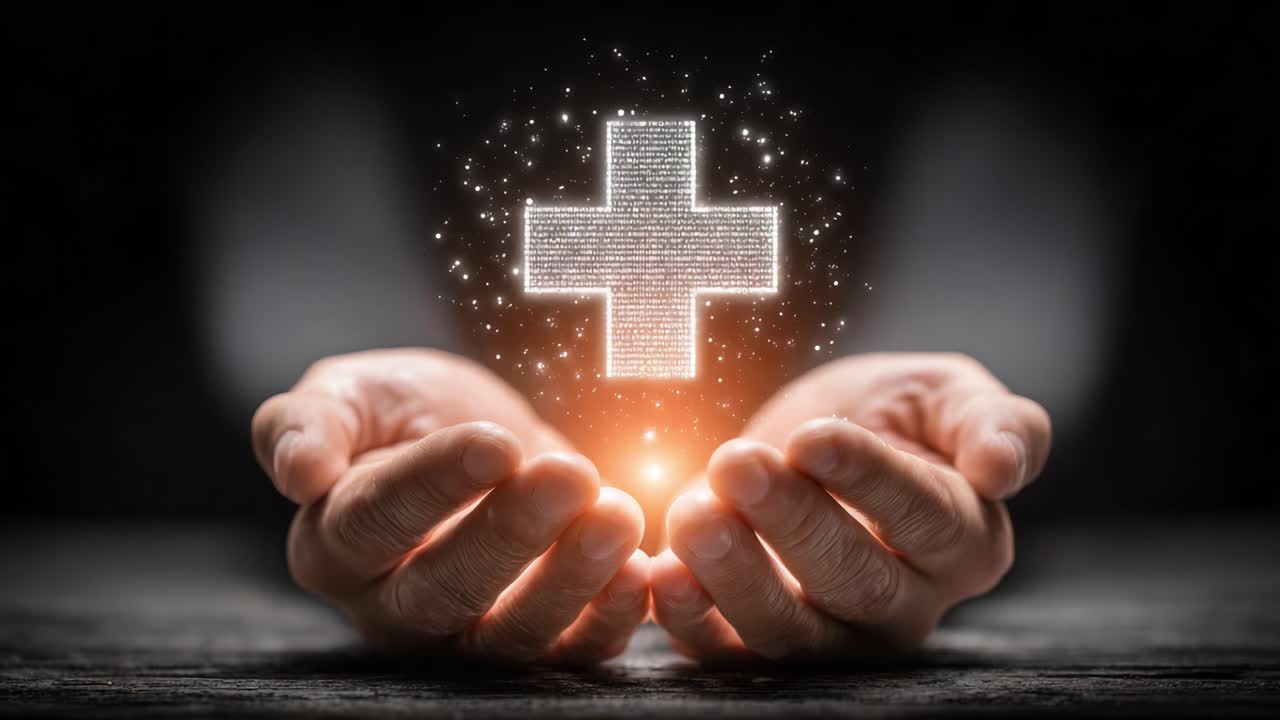 La salute che illumina: un simbolo di guarigione e cura mentre delle mani sollevano una croce medica luminosa, rappresentando speranza e benessere su uno sfondo scuro.