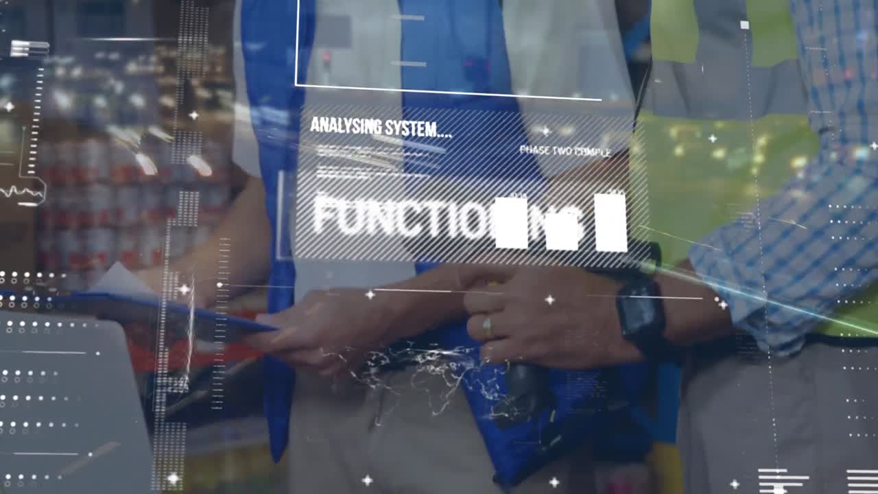 Animation of data processing over warehouse workers with code scanner in shipping centre