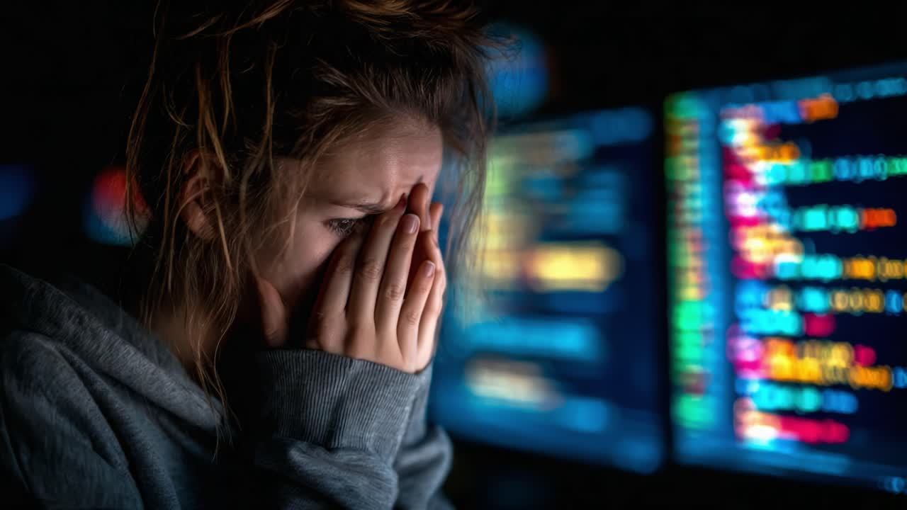A Young Woman Overwhelmed by Stress While Coding in a Dark Room, Struggling to Confront Complex Problems Amid Flickering Screens and Digital Chaos