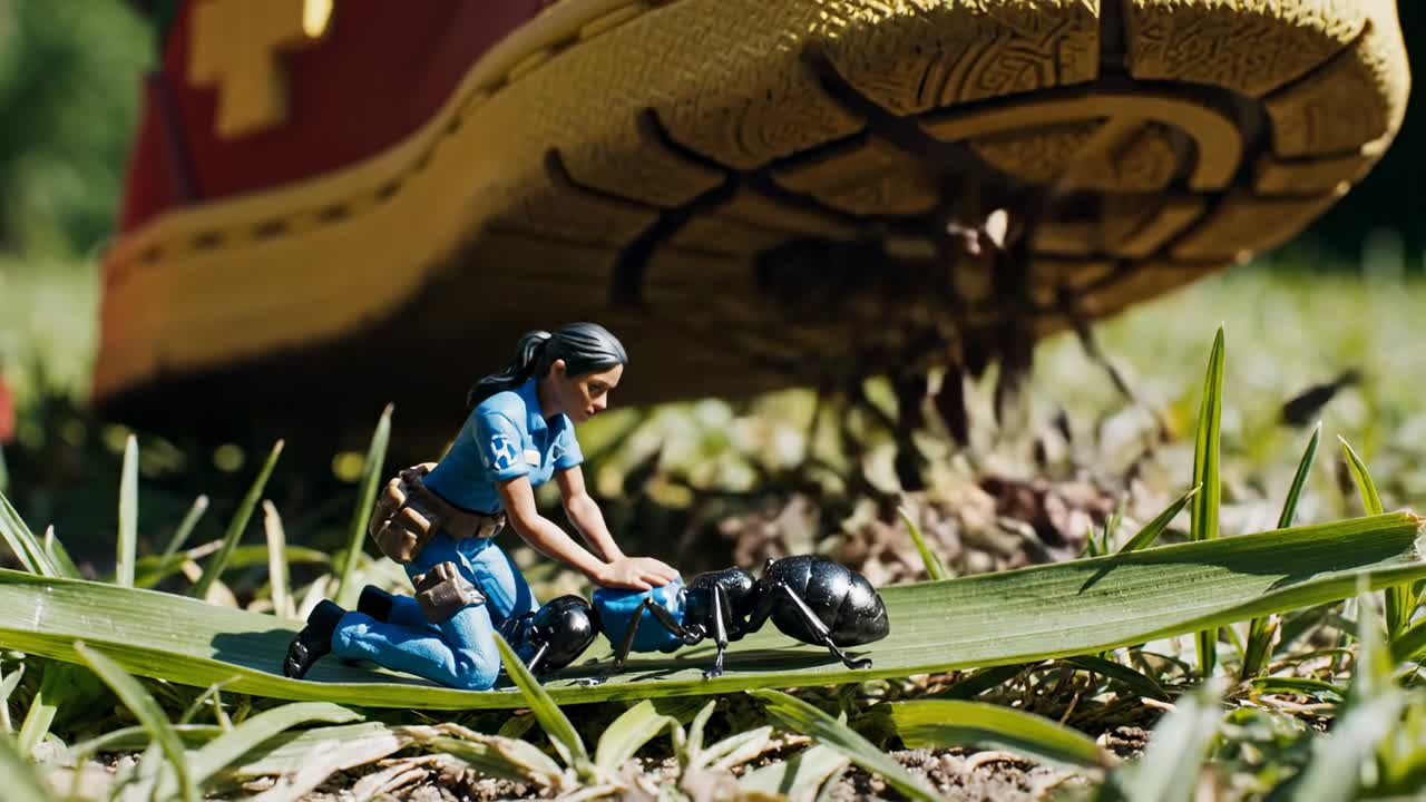 Statuetta di donna in miniatura con una formica sull'erba