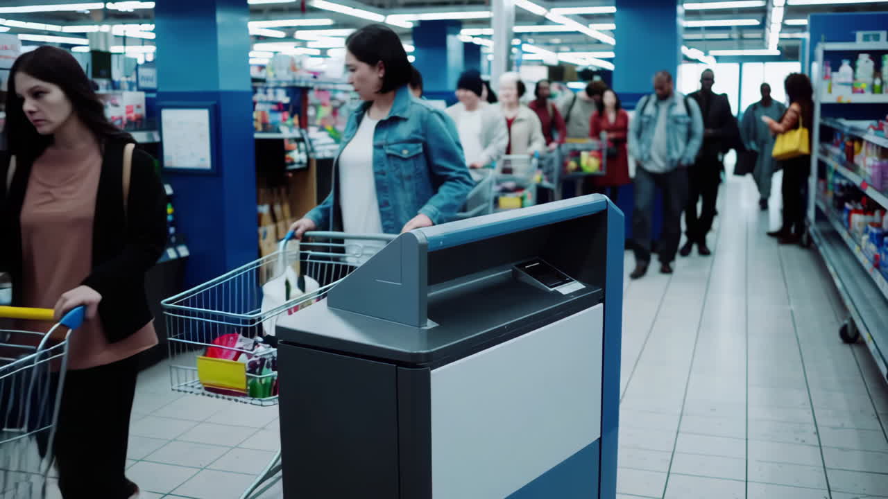 People shopping in a modern supermarket with self-checkout stations and shopping carts
