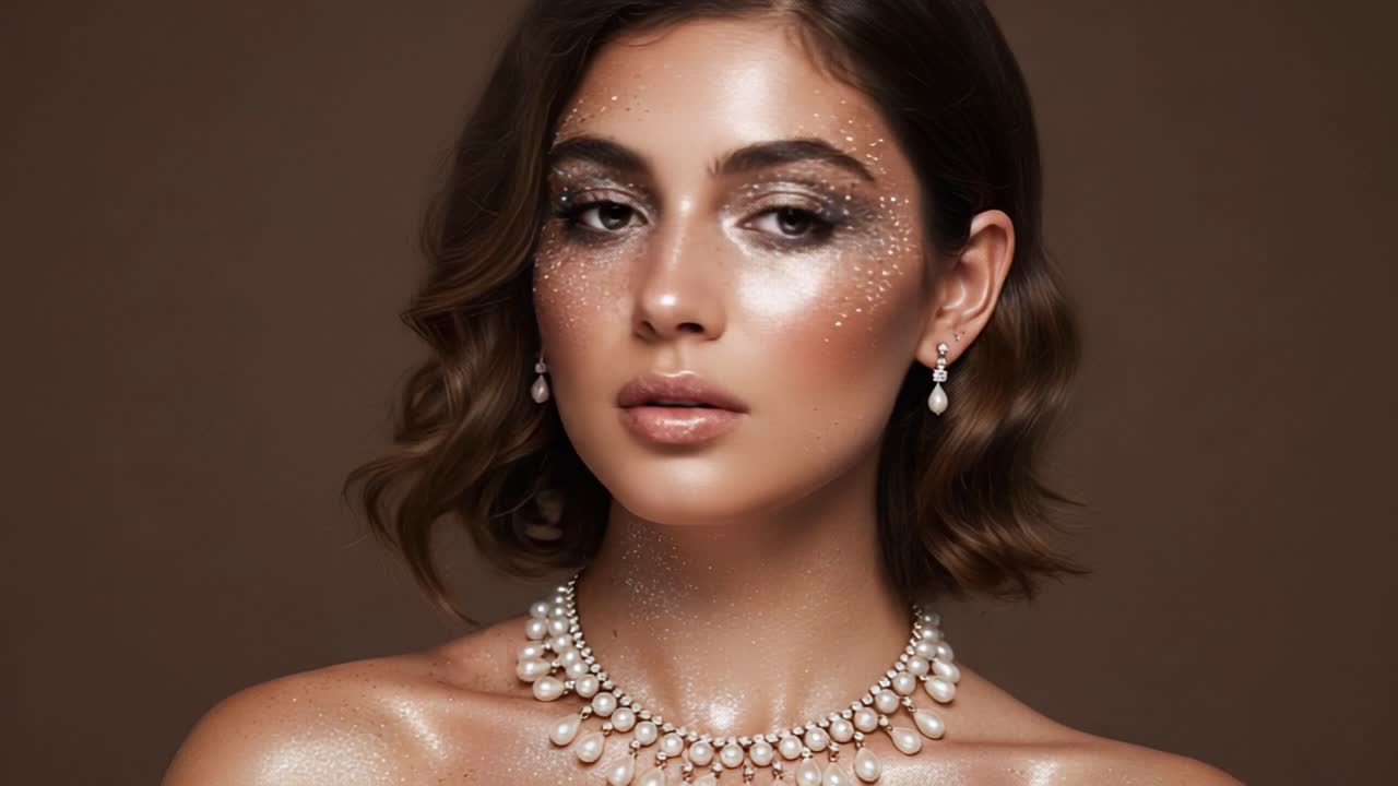A Captivating Portrait of Beauty: Stunning Close-Up of a Model Adorned with Elegant Pearls and Glittering Makeup Against a Warm Background