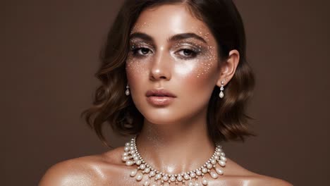 a captivating portrait of beauty: stunning close-up of a model adorned with elegant pearls and glittering makeup against a warm background