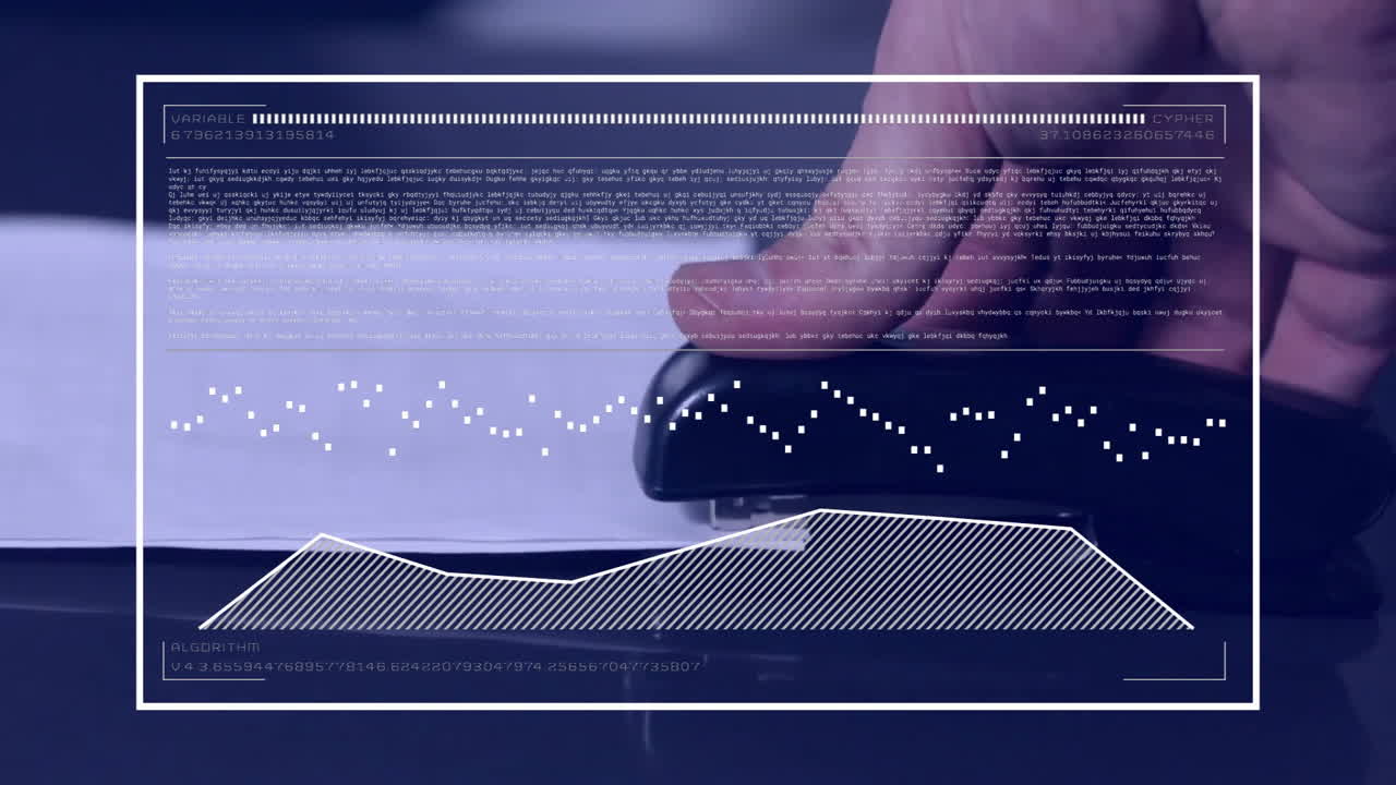 Animation of diagrams and data processing over caucasian man using stapler