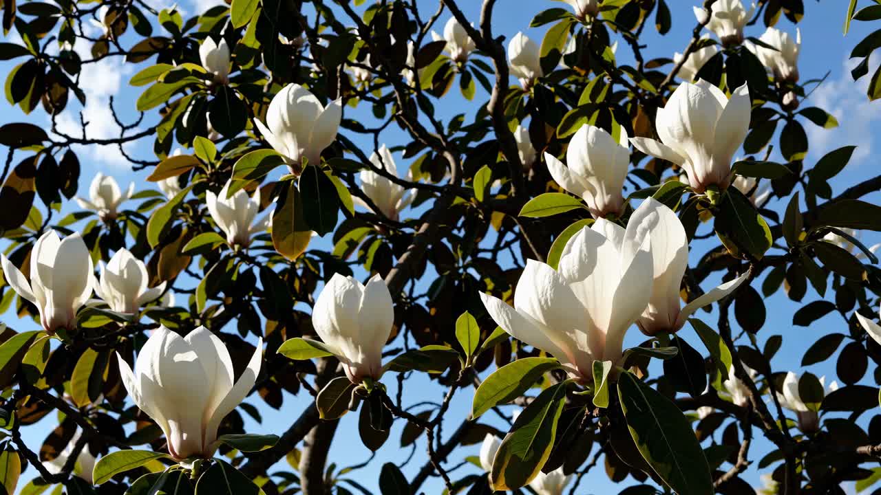 Low-angle video shot of magnolia flowers against a clear blue sky, capturing the natural beauty