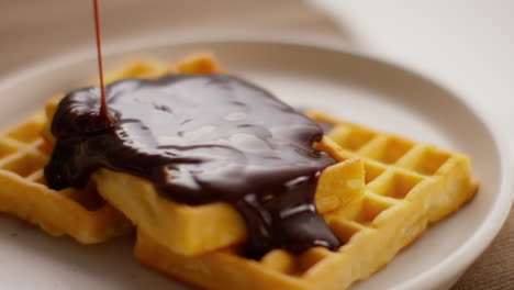 close up of person pouring melted chocolate sauce onto stack of waffles on plate 2