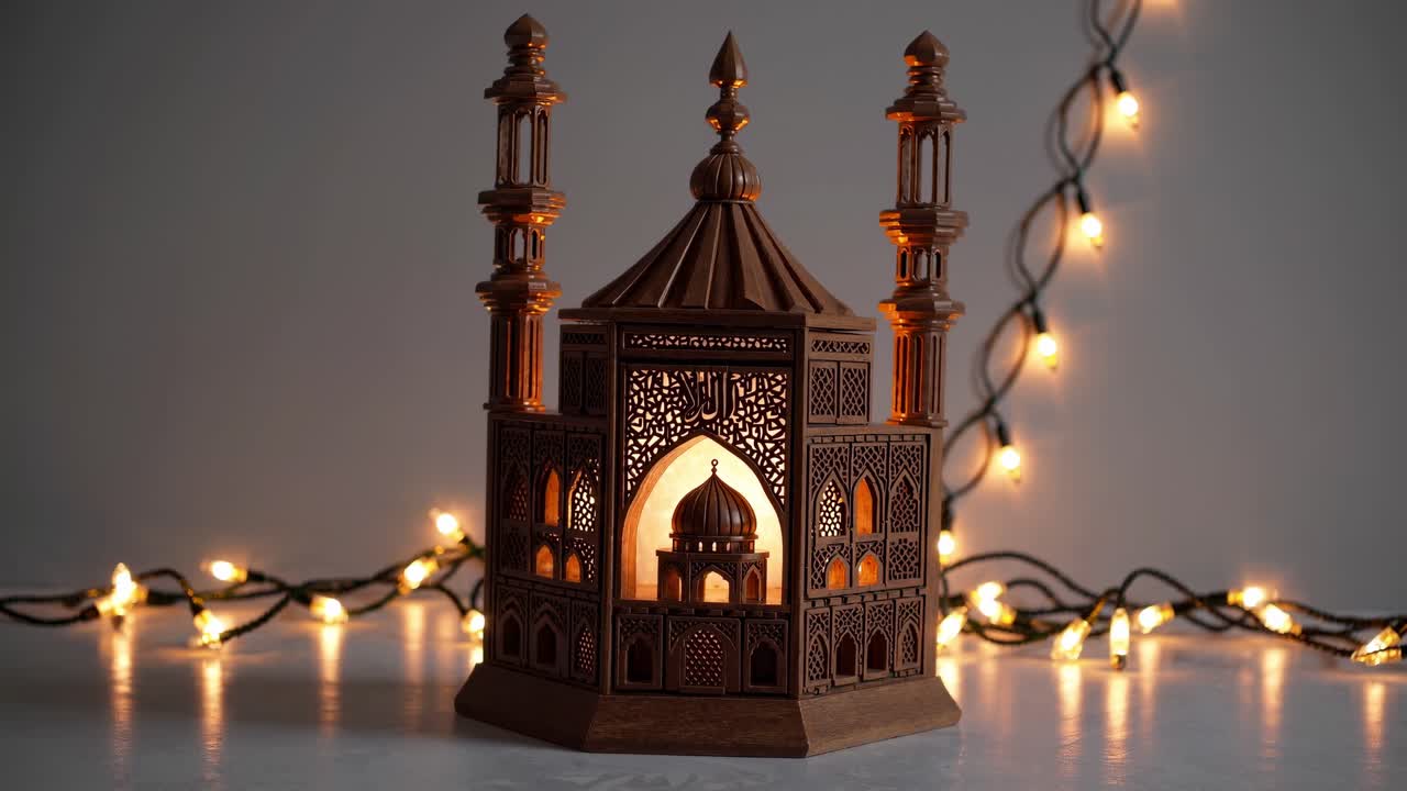 Intricate wooden mosque model glowing warmly with fairy lights, creating a festive atmosphere for Ramadan celebration and evoking the spirit of the holy month