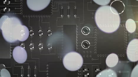 animación de puntos blancos de luz sobre la placa de circuitos de la computadora
