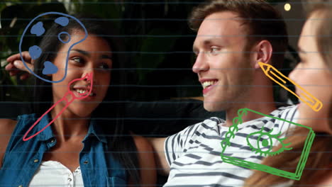 Sitting together, couple with colorful art tools and animation overlay