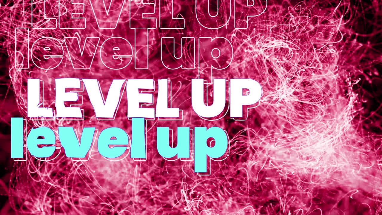 핑크색 빛 트레일 위에  ⁇ 색과 파란색의 윤 ⁇ 으로 반복되는 레벨 업 텍스트의 애니메이션