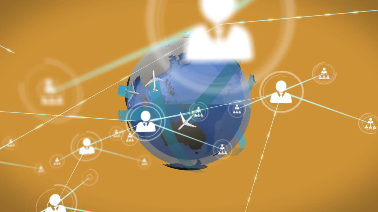 노란색 배경에 지구를 돌아다니는 연결된 사람들의 아이콘과 비행기의 애니메이션