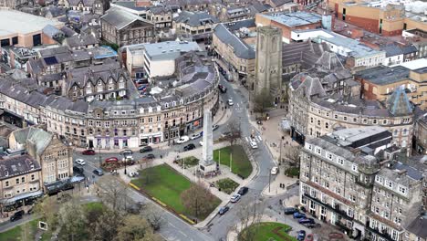 panning drone aerial town centre harrogate north yorkshire town uk