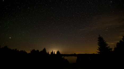 night sky time lapse. night sky over lake and trees