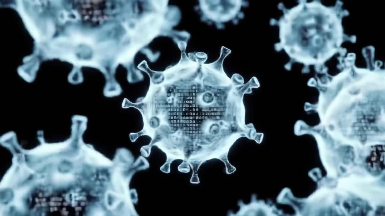 Visual Representation of Viruses with Digital Coding Elements, Showcasing Microscopic Structures in a Black Background, Emphasizing Scientific and Public Health Themes