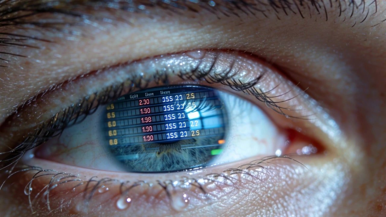 Gazing person's eye tracking updating monitor at desk, monitoring numeric table reflection
