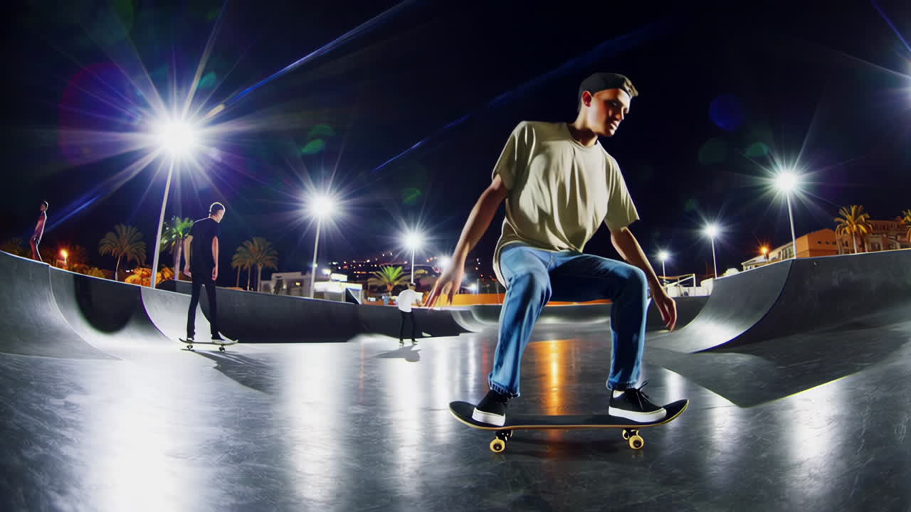 Sessione di skateboard notturna in uno skatepark all'aperto