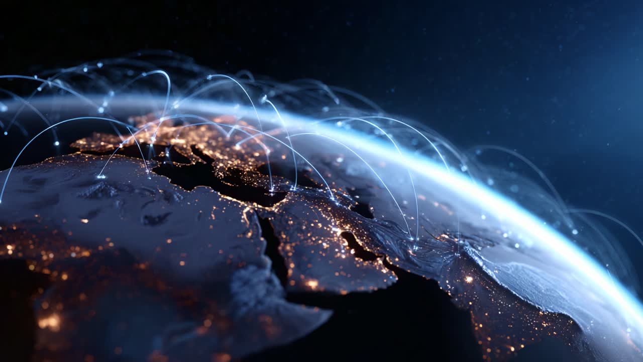 A Stunning Visualization of Global Connectivity Over Europe and the Middle East at Night, Showcasing Light Trails and Network Interactions in a Digital World