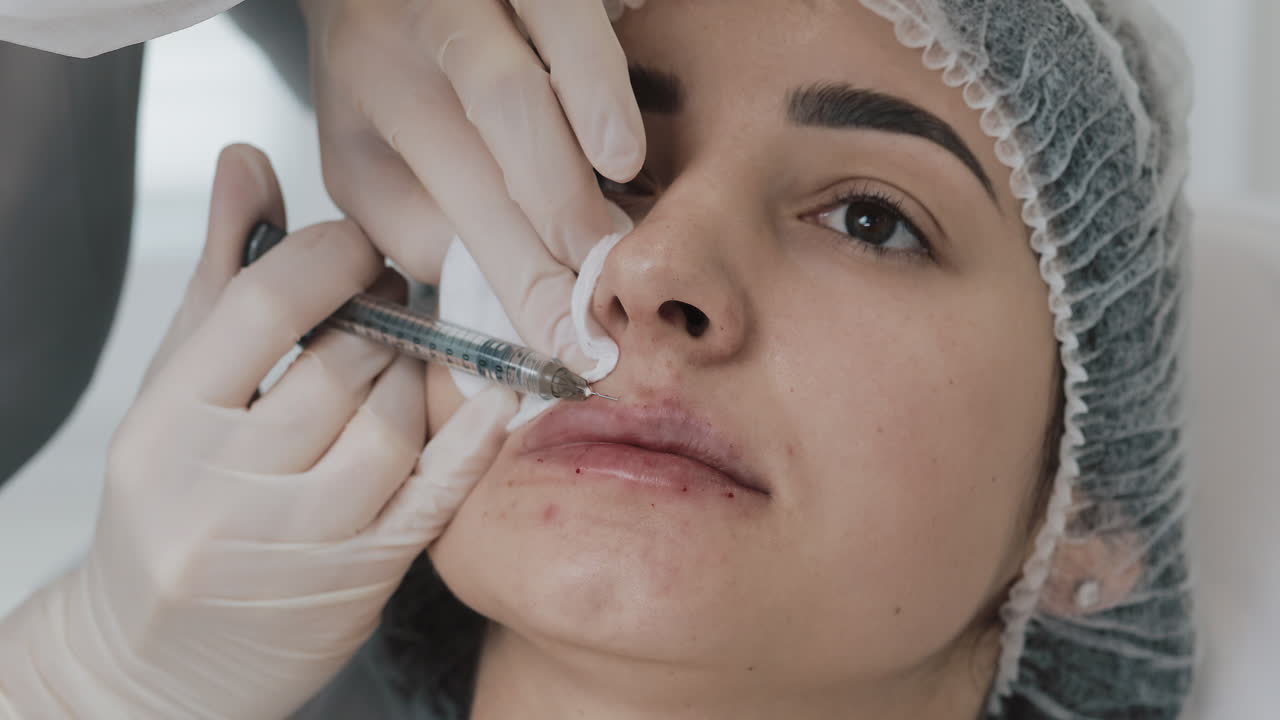 Woman receiving lip filler injection in a beauty clinic