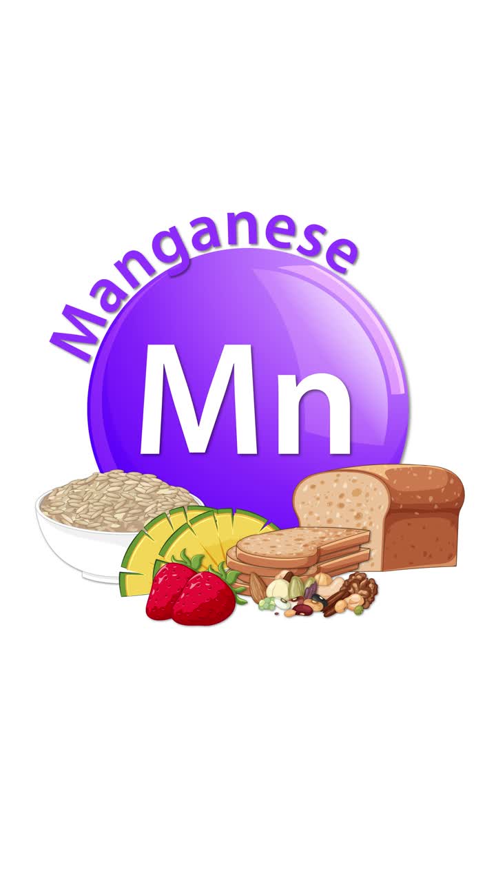 Et lilla mangan-elementikon animeres ind, ledsaget af illustrerede fuldkorn, brød, nødder, ananas og jordbær, på en ren hvid baggrund.