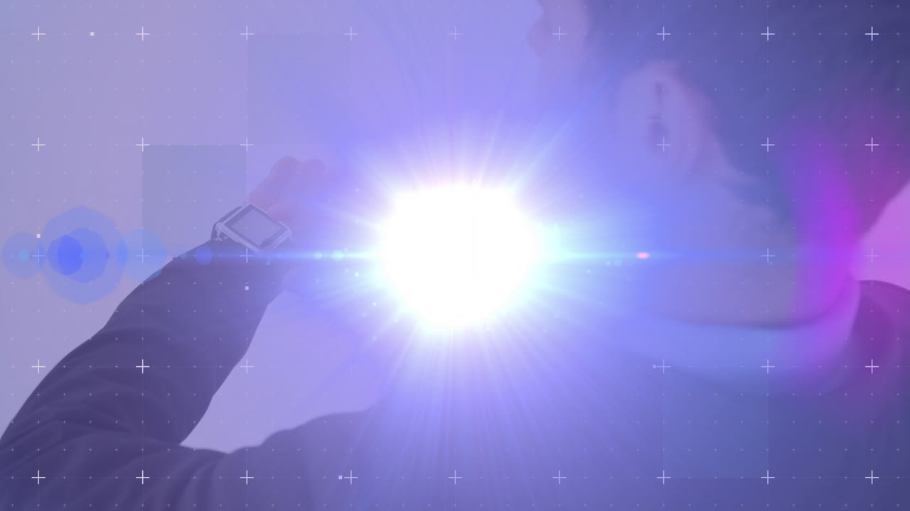 Adjusting smartwatch, person with digital overlay and bright light burst animation