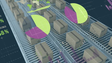 procesamiento de datos estadísticos en múltiples cajas en cinta transportadora contra un fondo azul