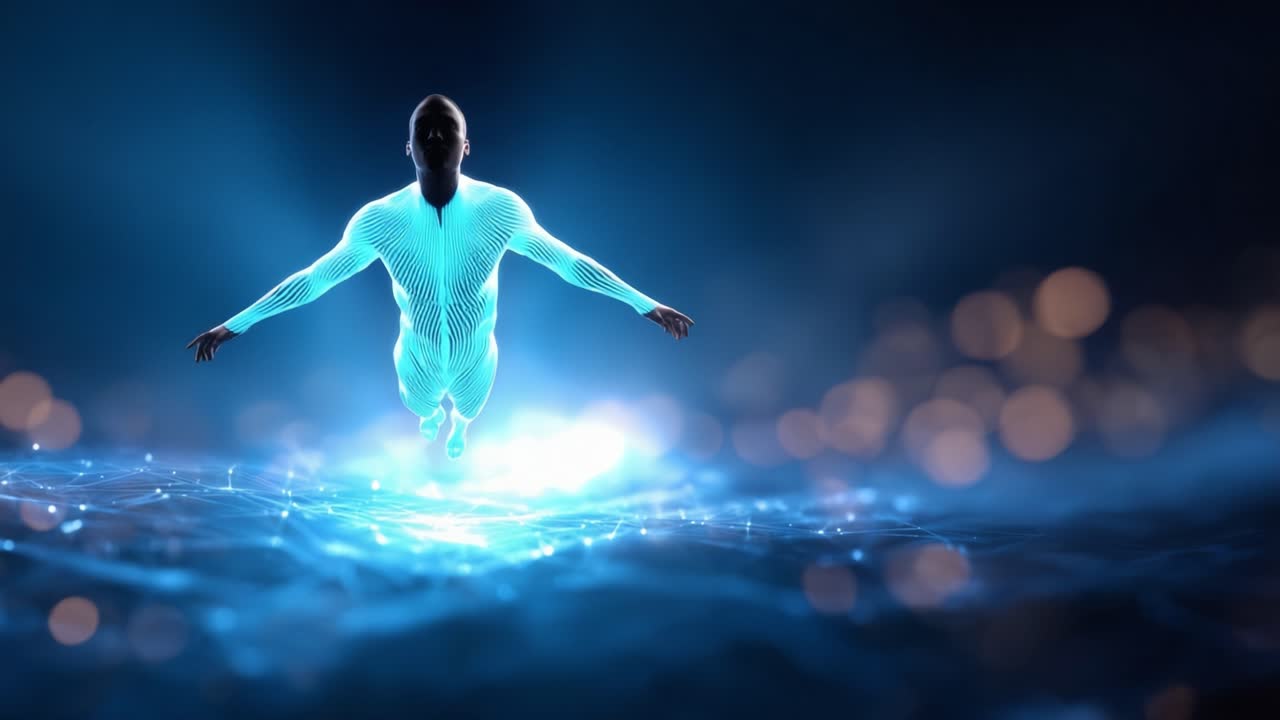 Una rappresentazione mozzafiato di una figura che emerge da un paesaggio digitale luminoso, simboleggiando liberazione e trascendenza verso uno stato di esistenza superiore