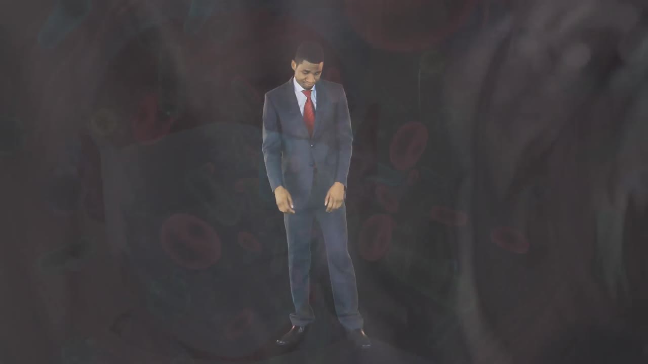 animación de un hombre de negocios afroamericano de pie con los brazos cruzados, glóbulos rojos fluyendo en las arterias.
