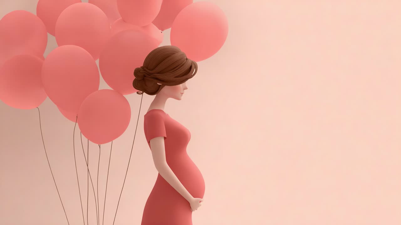 Celebrating New Beginnings: A Pregnant Woman Surrounded by Airy Pink Balloons in a Serene and Joyful Scene of Anticipation and Love