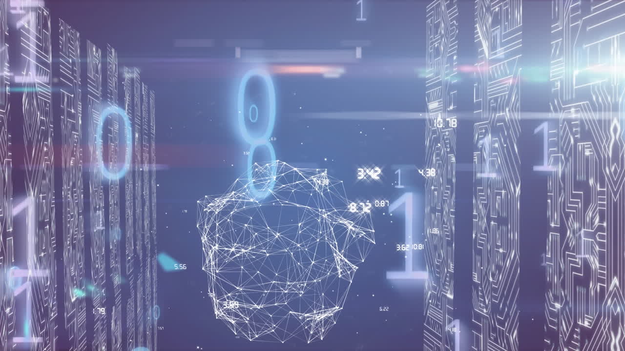 Digital globe animation showcases global network connections and data processing.