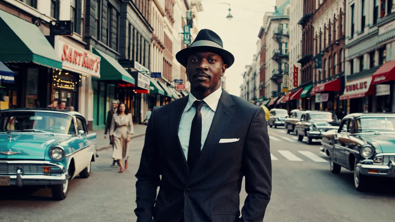 A vintage-style video scene shows a man in a suit and hat walking confidently down a city street