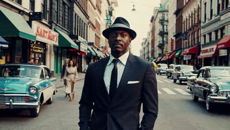 a vintage-style video scene shows a man in a suit and hat walking confidently down a city street